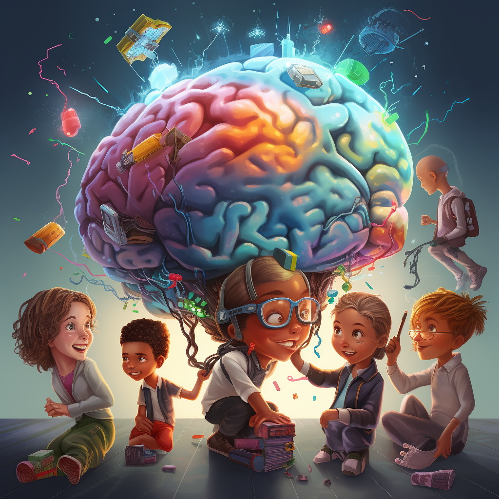 Curious people discussing a huge brain