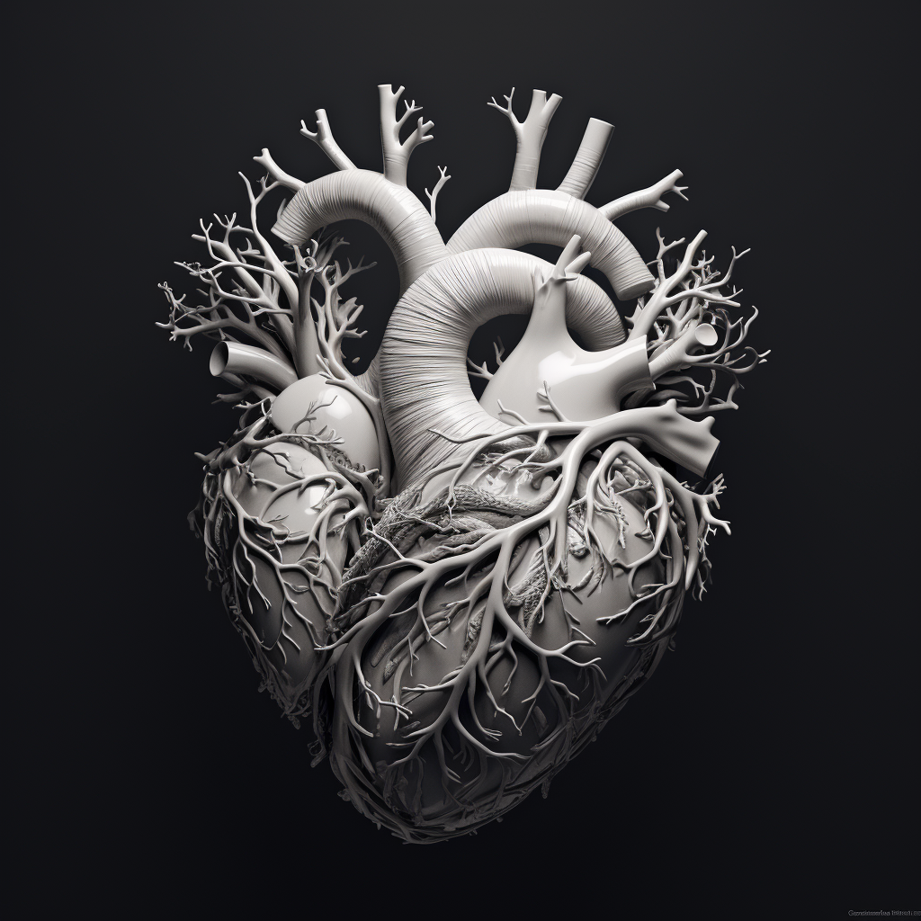 Detailed black and white human heart illustration