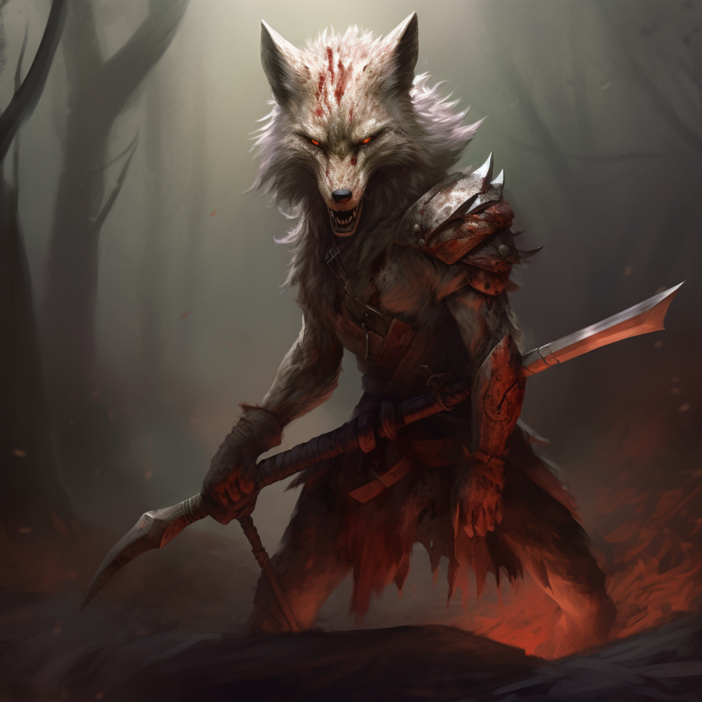 Human Jackal Hybrid Creature with Axe and Magic