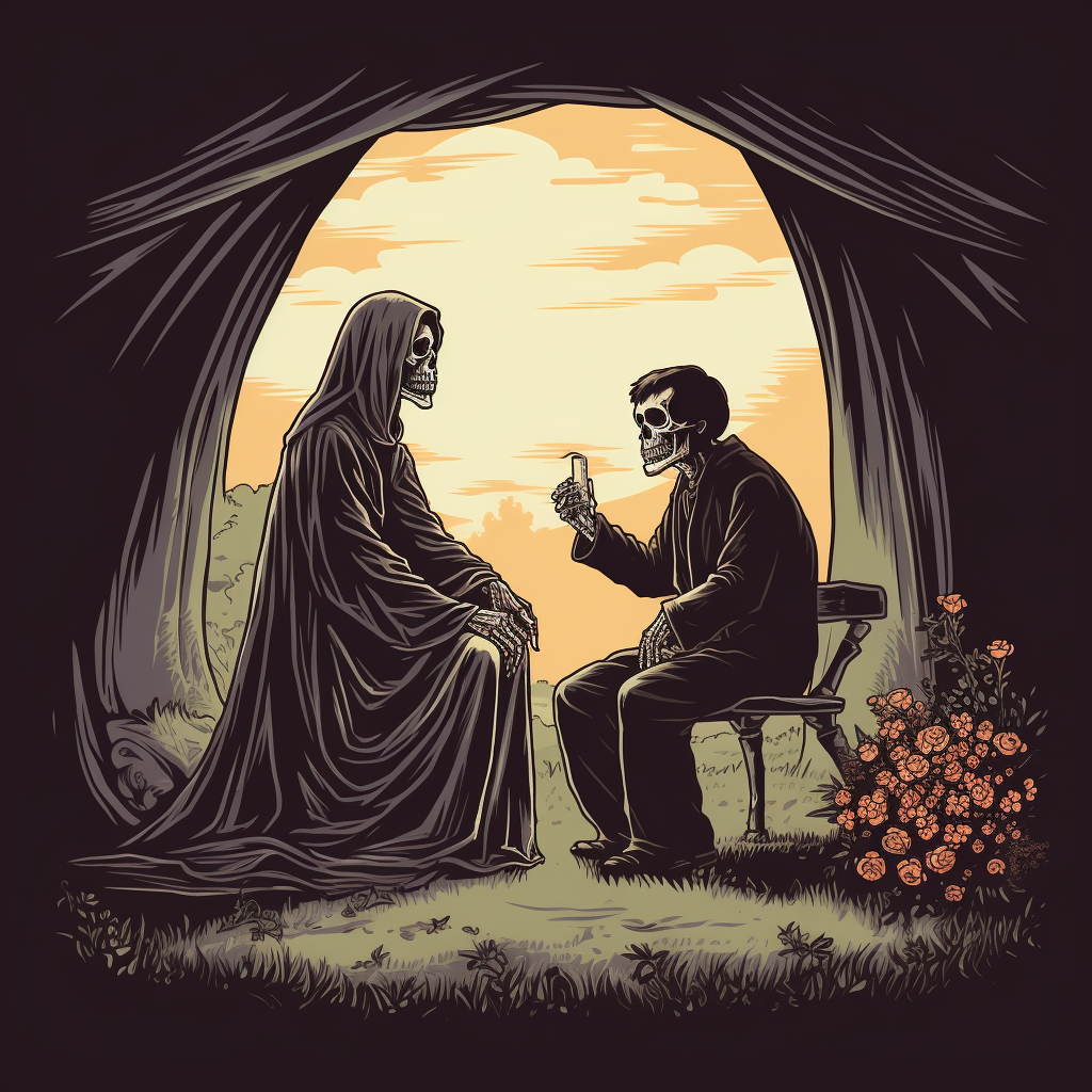 Cartoon image of human proposing to the grim reaper