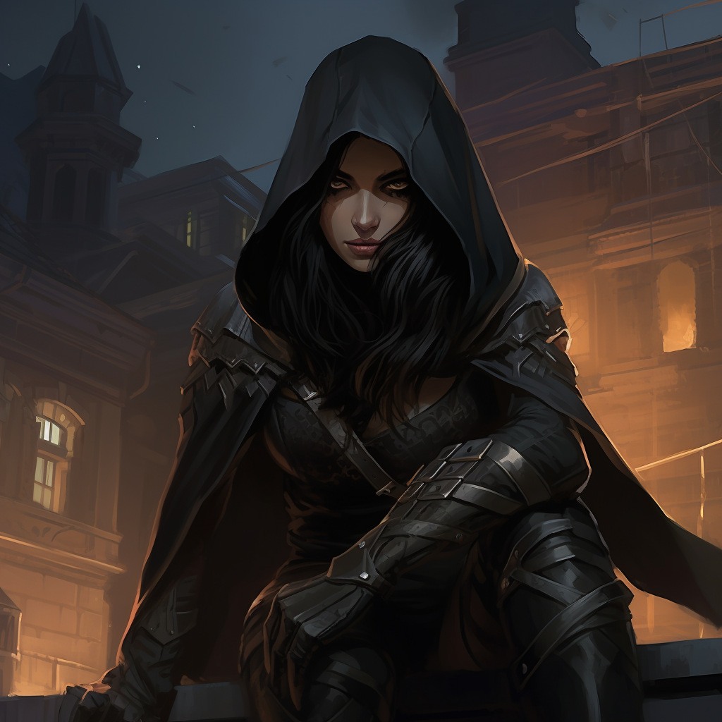 Stealthy female thief with black armor sitting on building