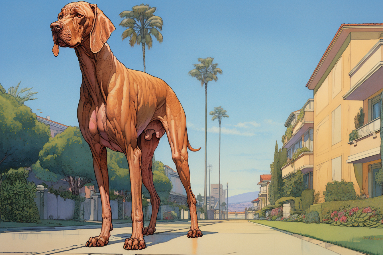 Vizsla on palm tree street