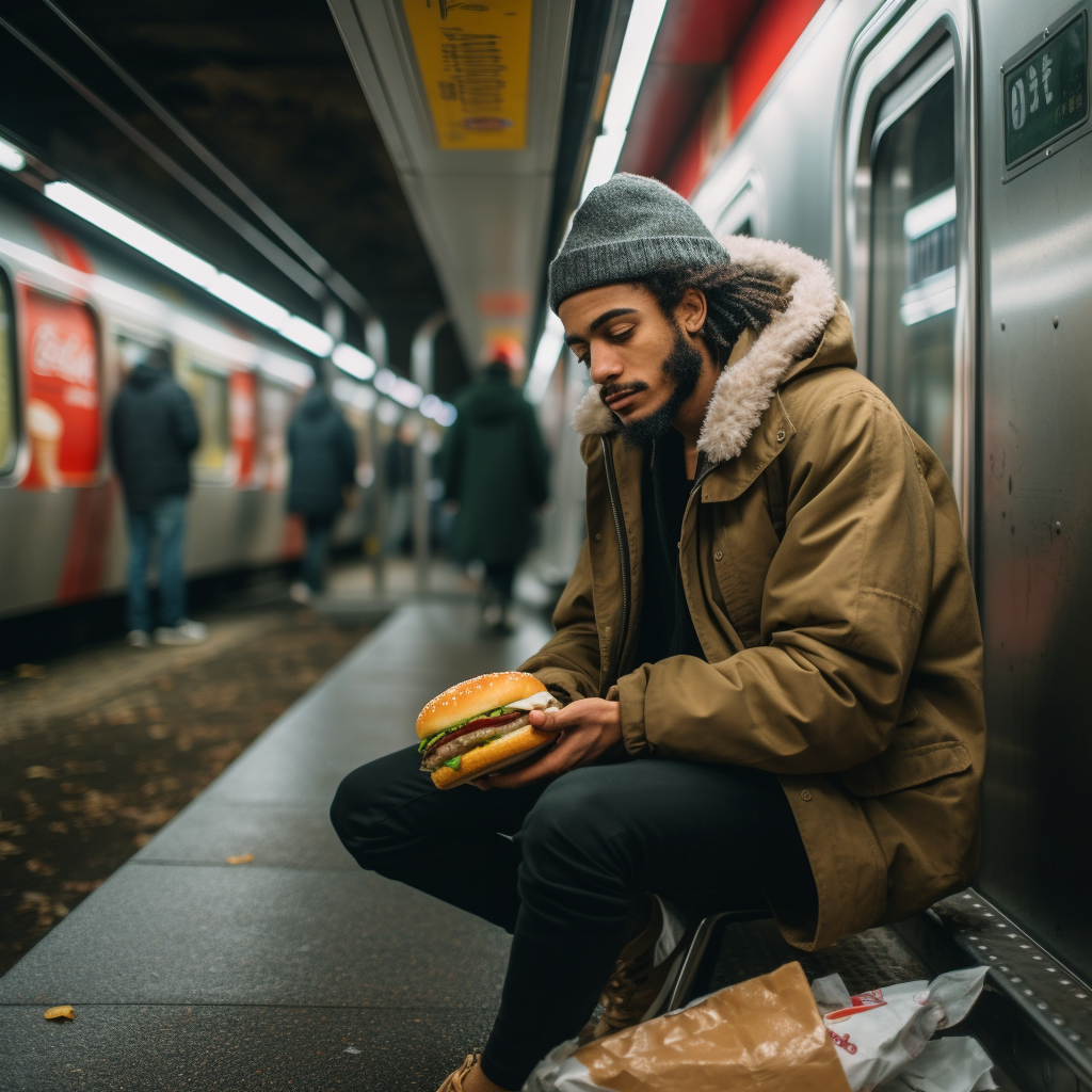 Man eating burger on subway tracks