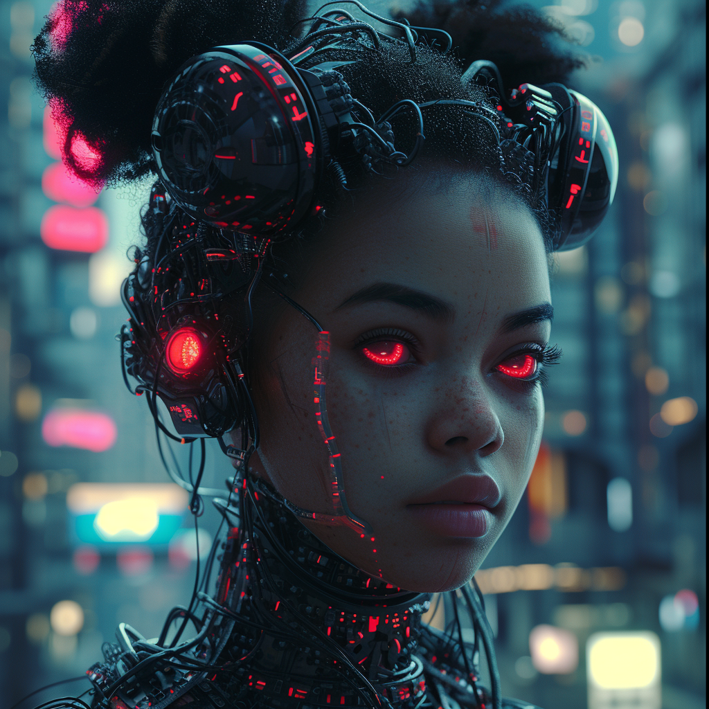 Hybrid Cyborg Afro Latina Woman in Cyberpunk Los Angeles Utopian World