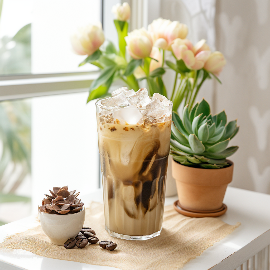 Refreshing iced coffee with cactuses