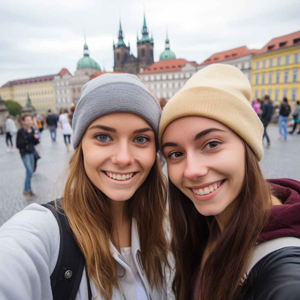 Identical twin sisters taking a selfie in Prague