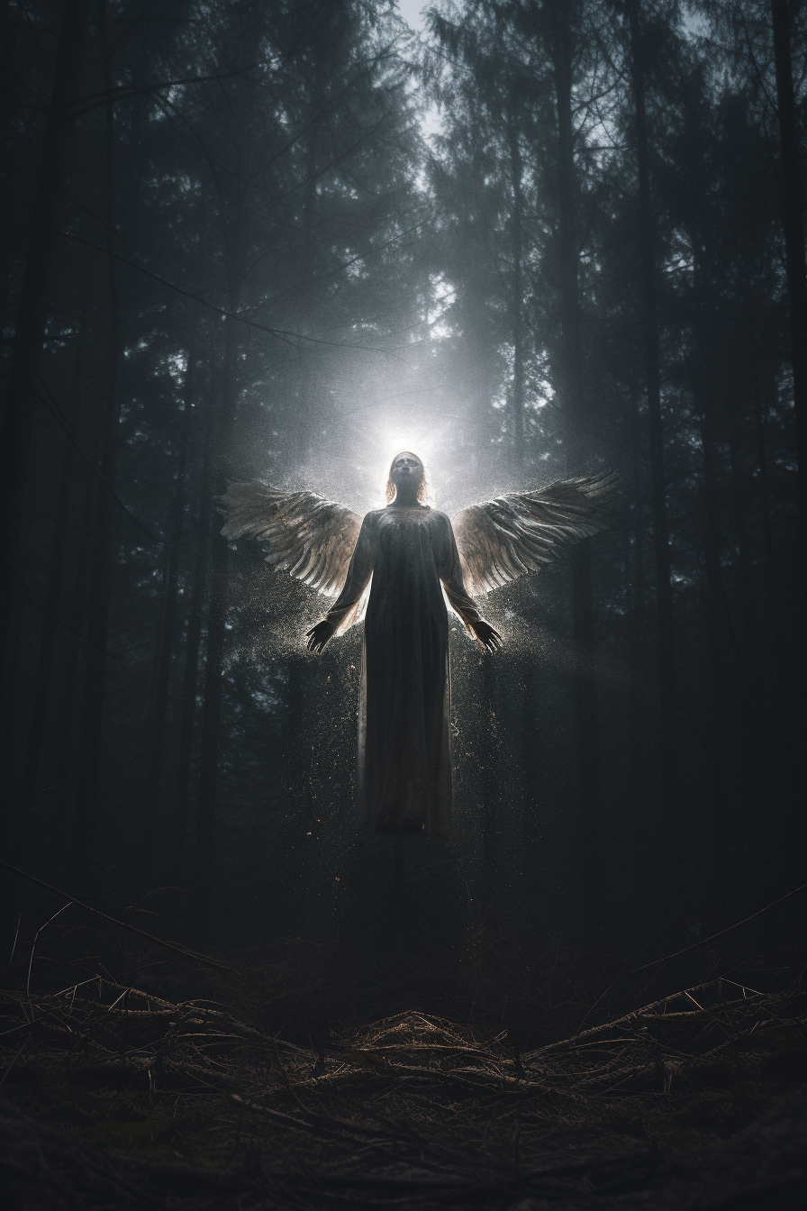 Angel walking in dark forest