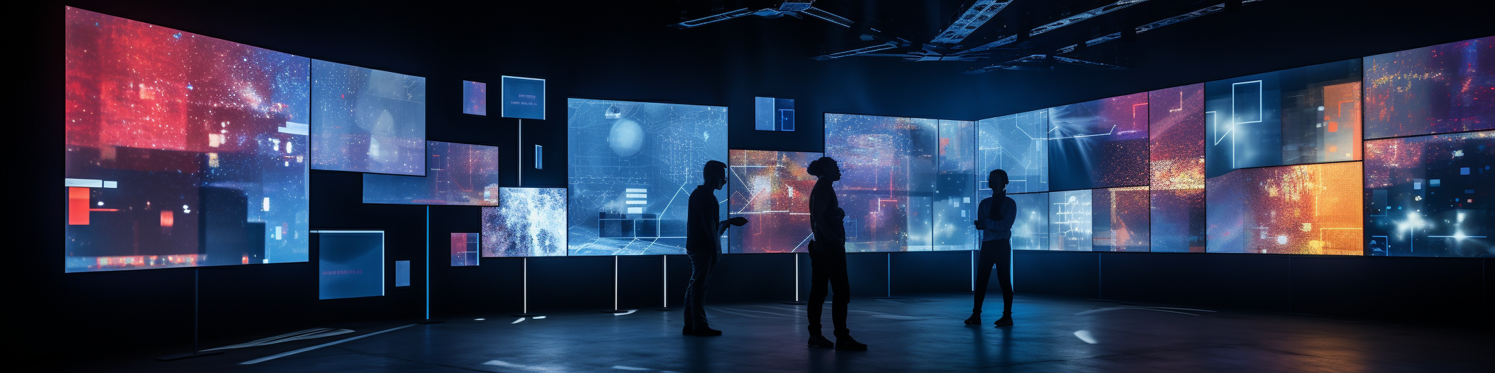 Immersive exhibition in a dark room with borderless wall screens