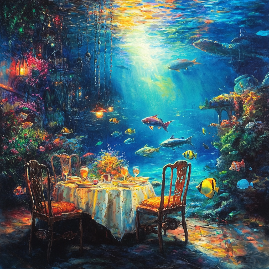 Impressionist painting with colorful fish