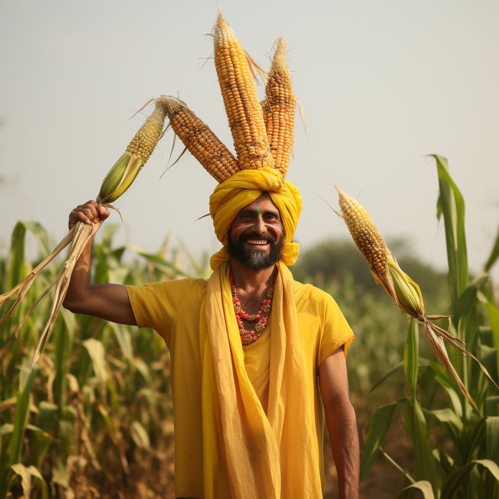 Indian farmer celebrating Lohri with corn