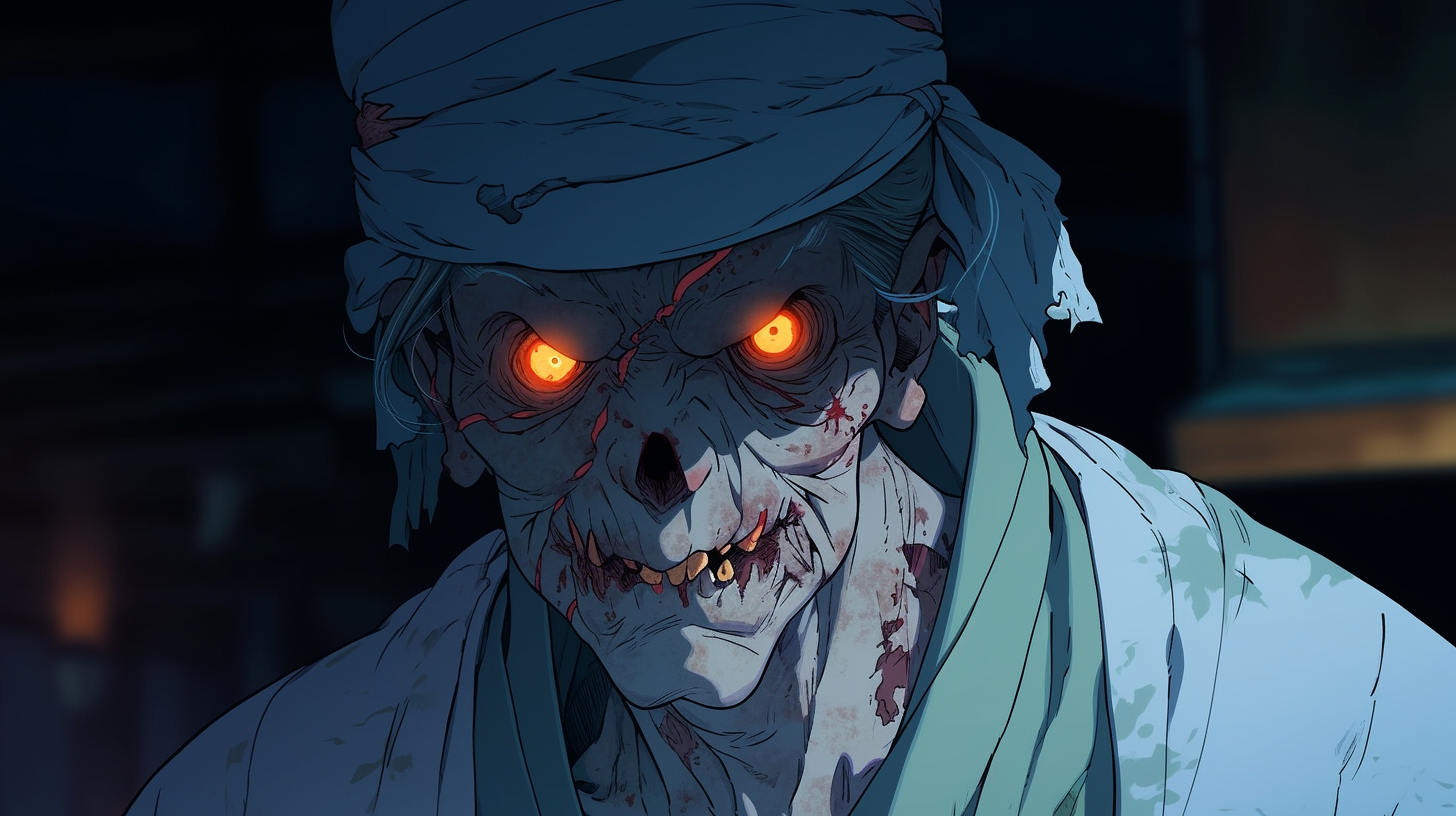 Zombie character with evil grin at night