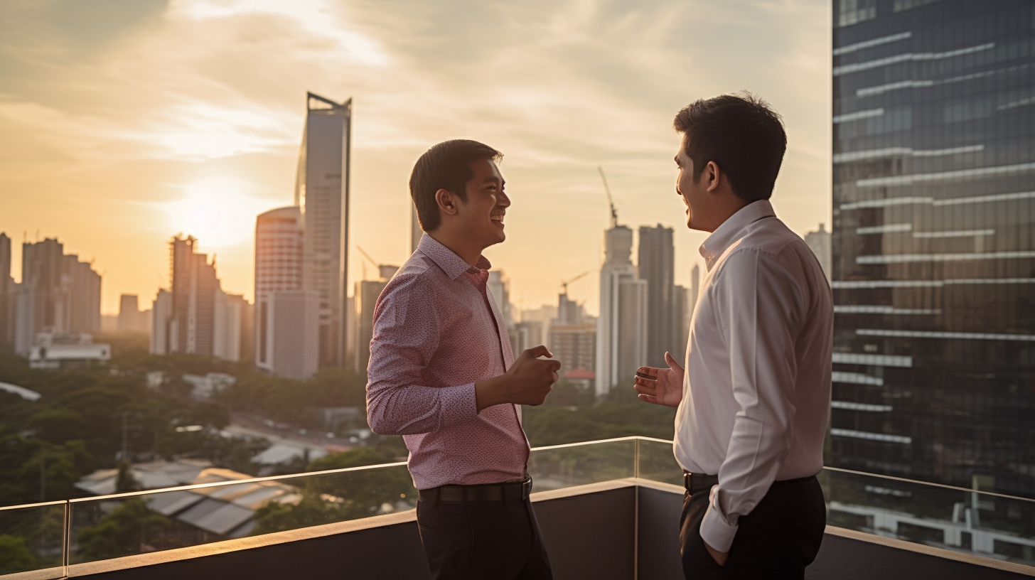 Two young Indonesian businessmen talking on a rooftop at sunset