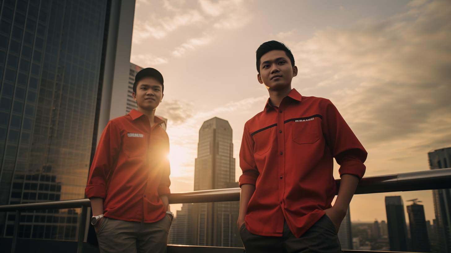 Two young Indonesian businessmen posing on rooftop at sunset