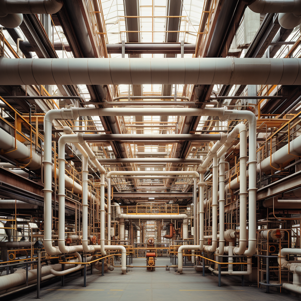 Pipes connecting in an industrial scene