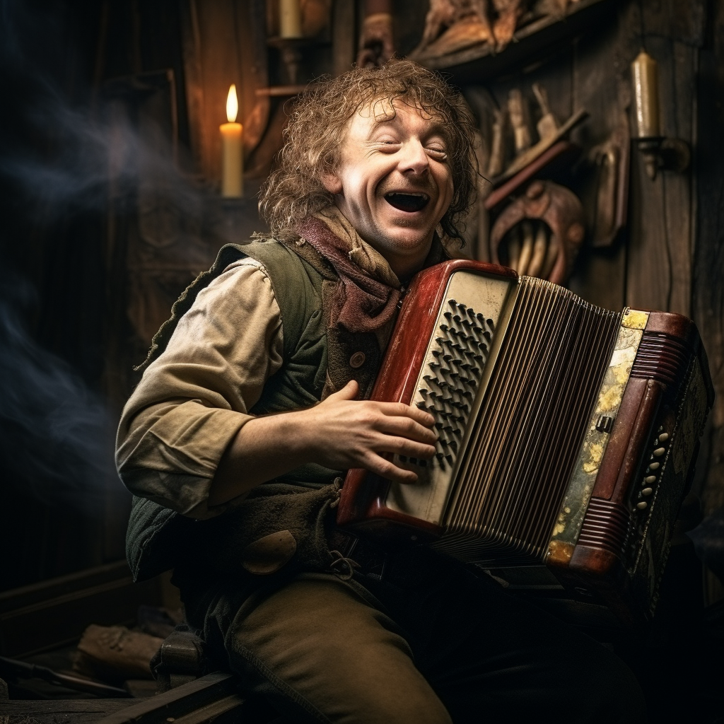 Insane hobbit playing concertina