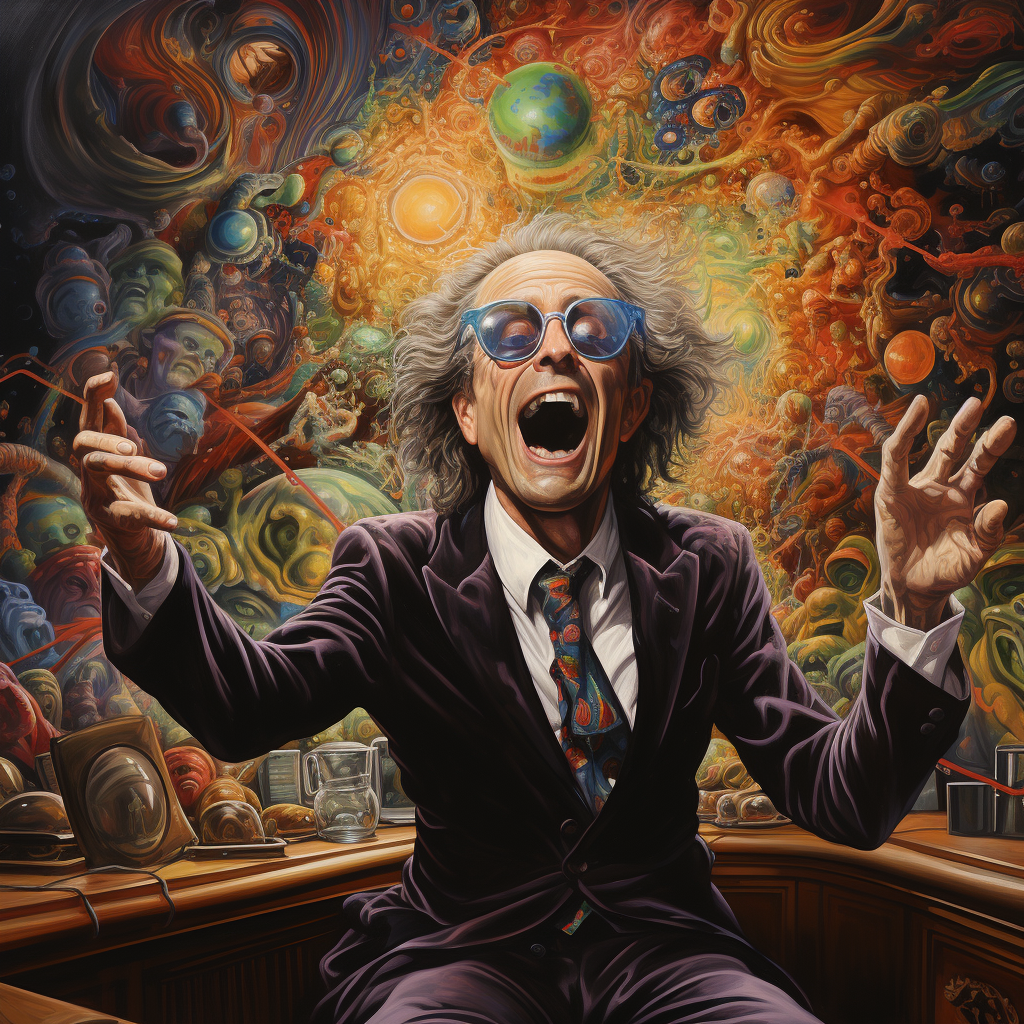 Psychadelic artwork of an insane man pretending to be a lawyer