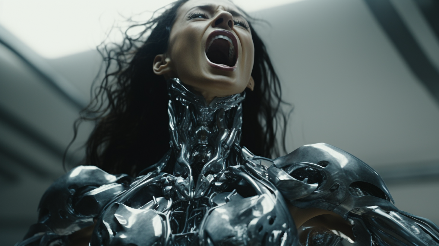 Powerful female cyborg warrior screaming fiercely