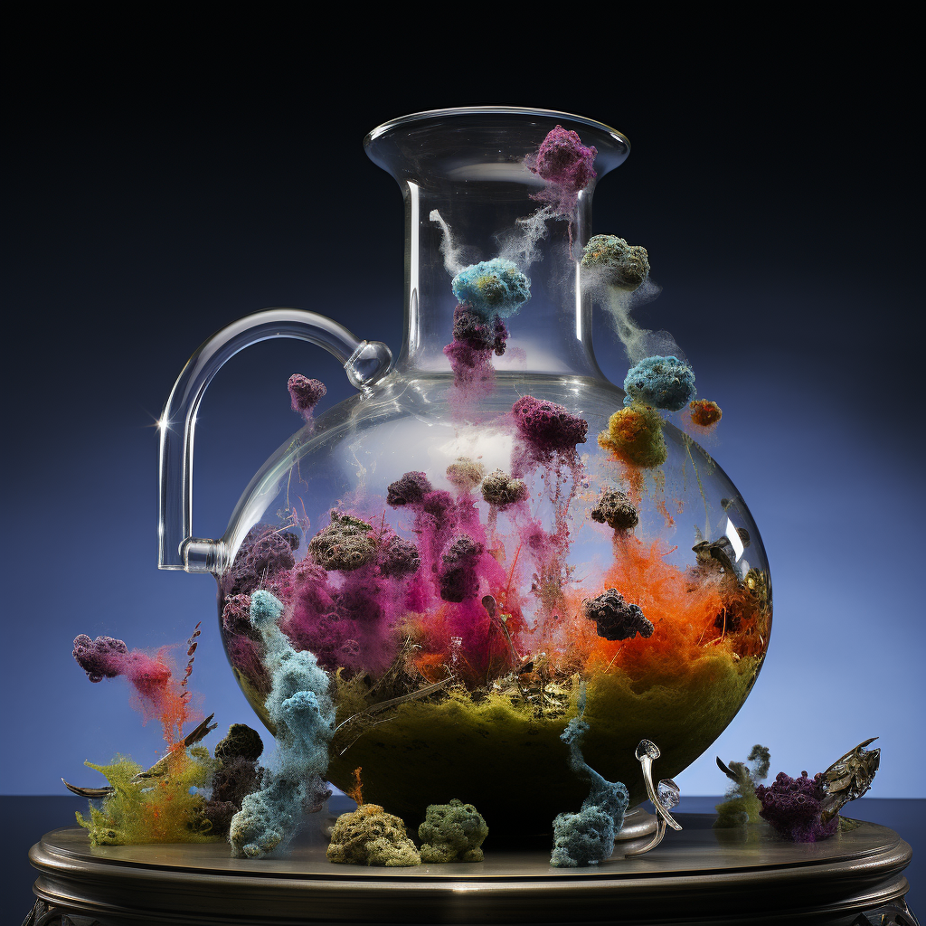 Colorful swirling steam in beakers