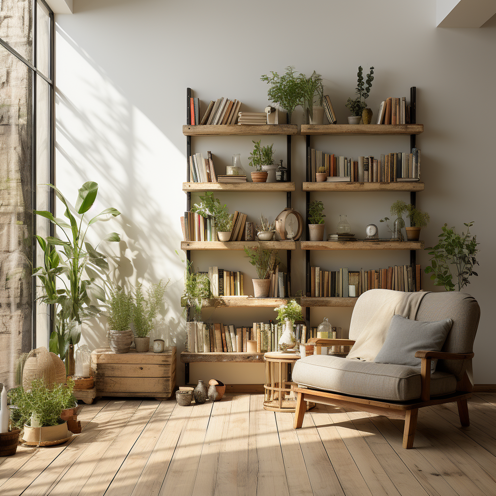 Inviting interior scene with books and green flowers