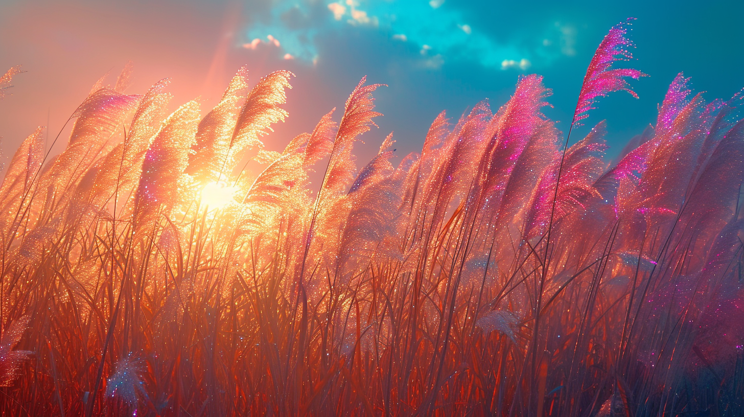 Iridescent feathers in tall grasses