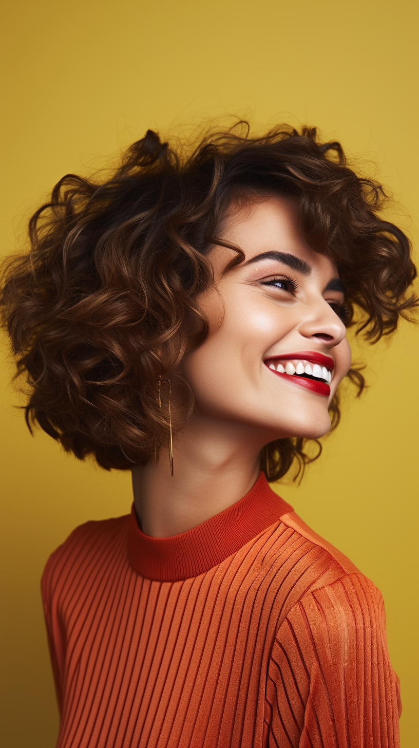 Smiling Irish woman with short curly hair and fashion style