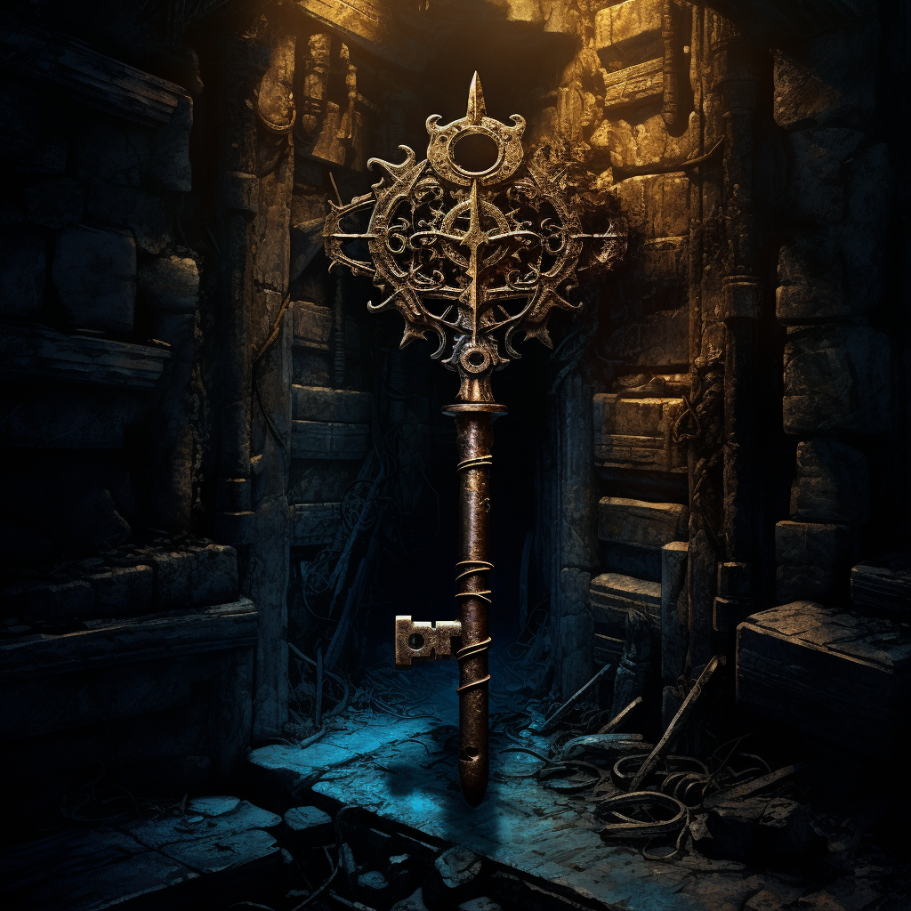 Mysterious iron key in a dark fantasy dungeon