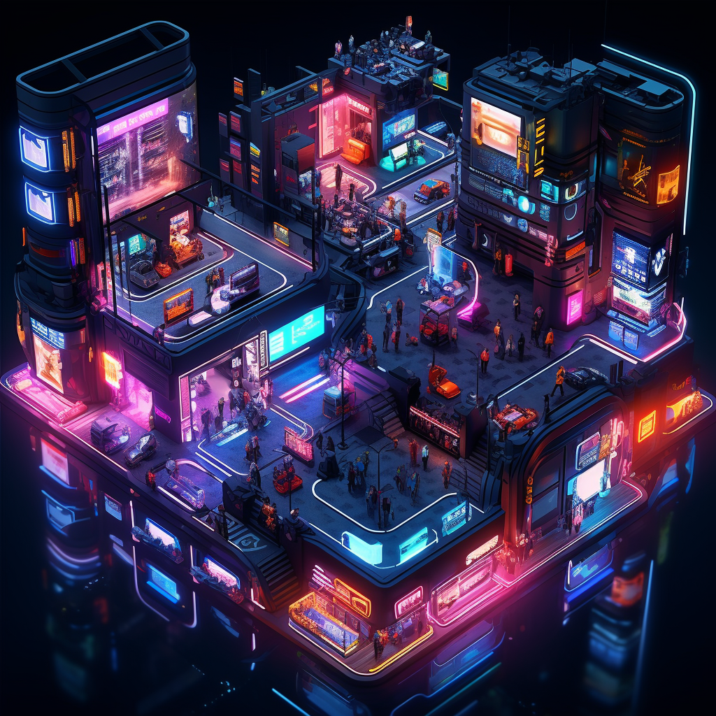 Isometric Cyberpunk Game Map with Neon Lights