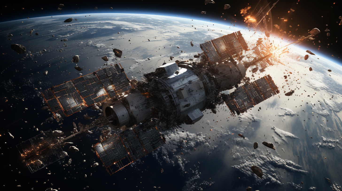 Devastating space collision of ISS orbiting Earth