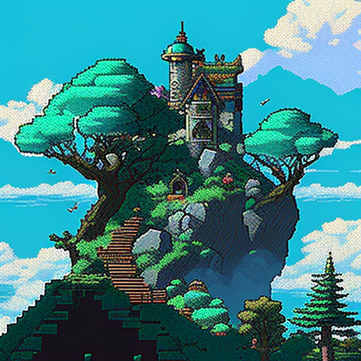 Pixel art castle in Japanese Owlboy style