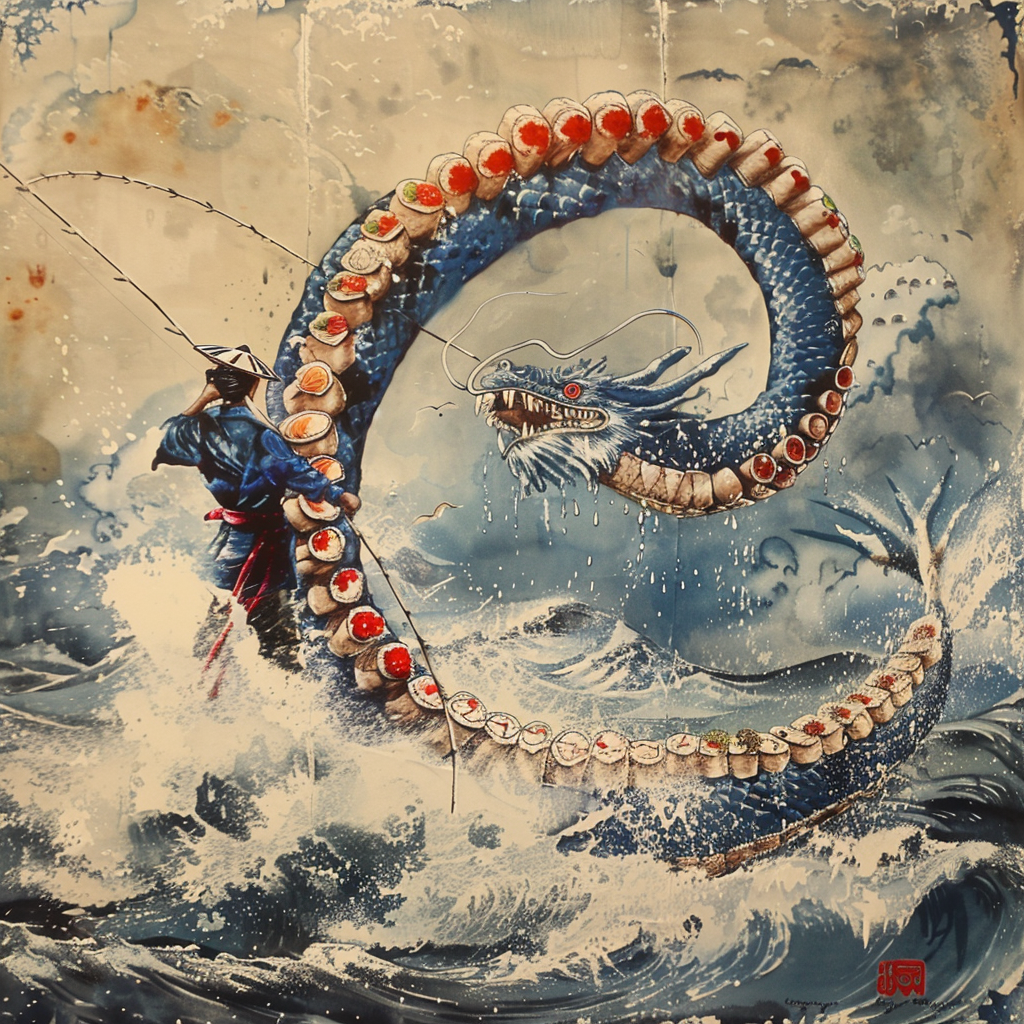 Japanese fisherman catching sea dragon sushi