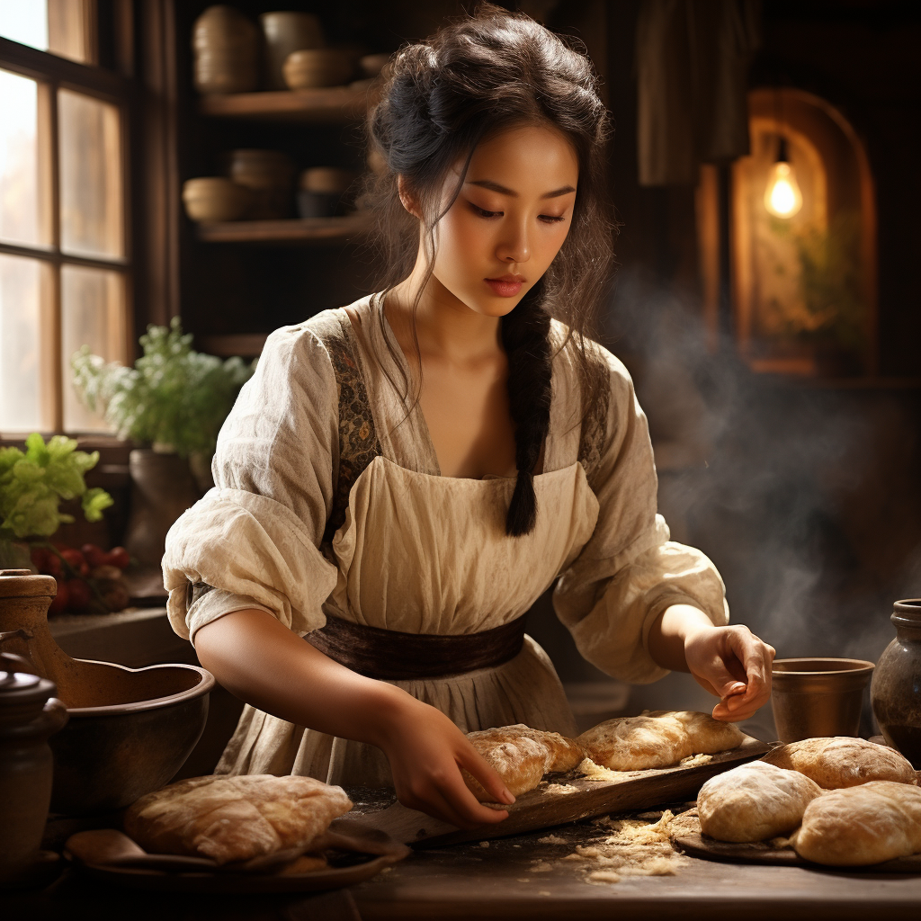 Japanese girl buttering bread in kitchen