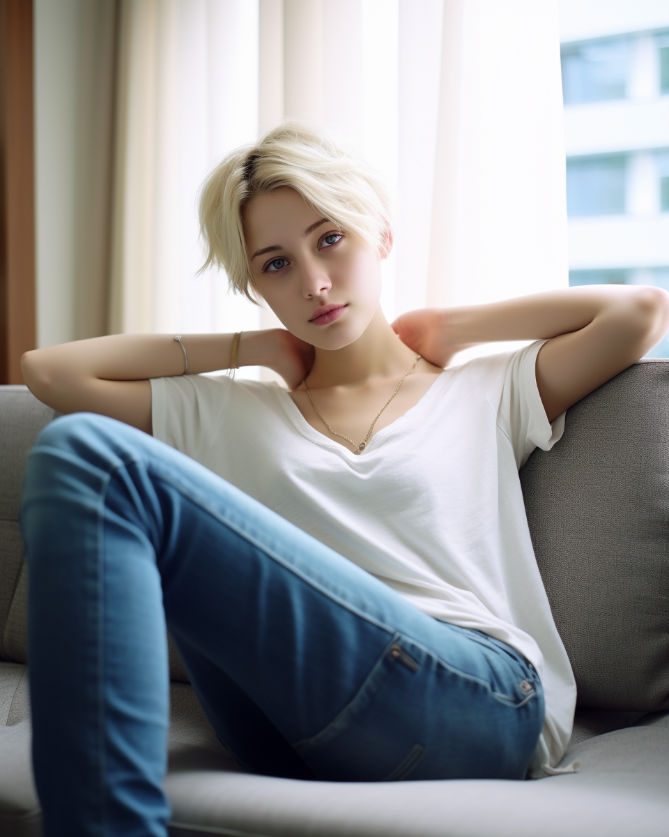 Stylish Japanese girl sitting on a sofa