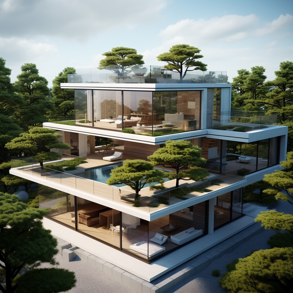 Minimalist villa with central island and tree