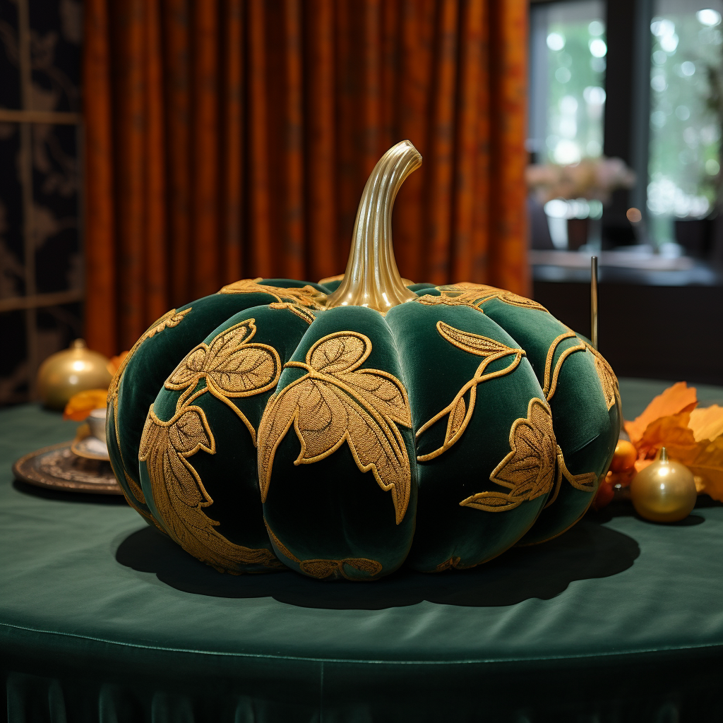 Bright golden pumpkin on velvet tablecloth