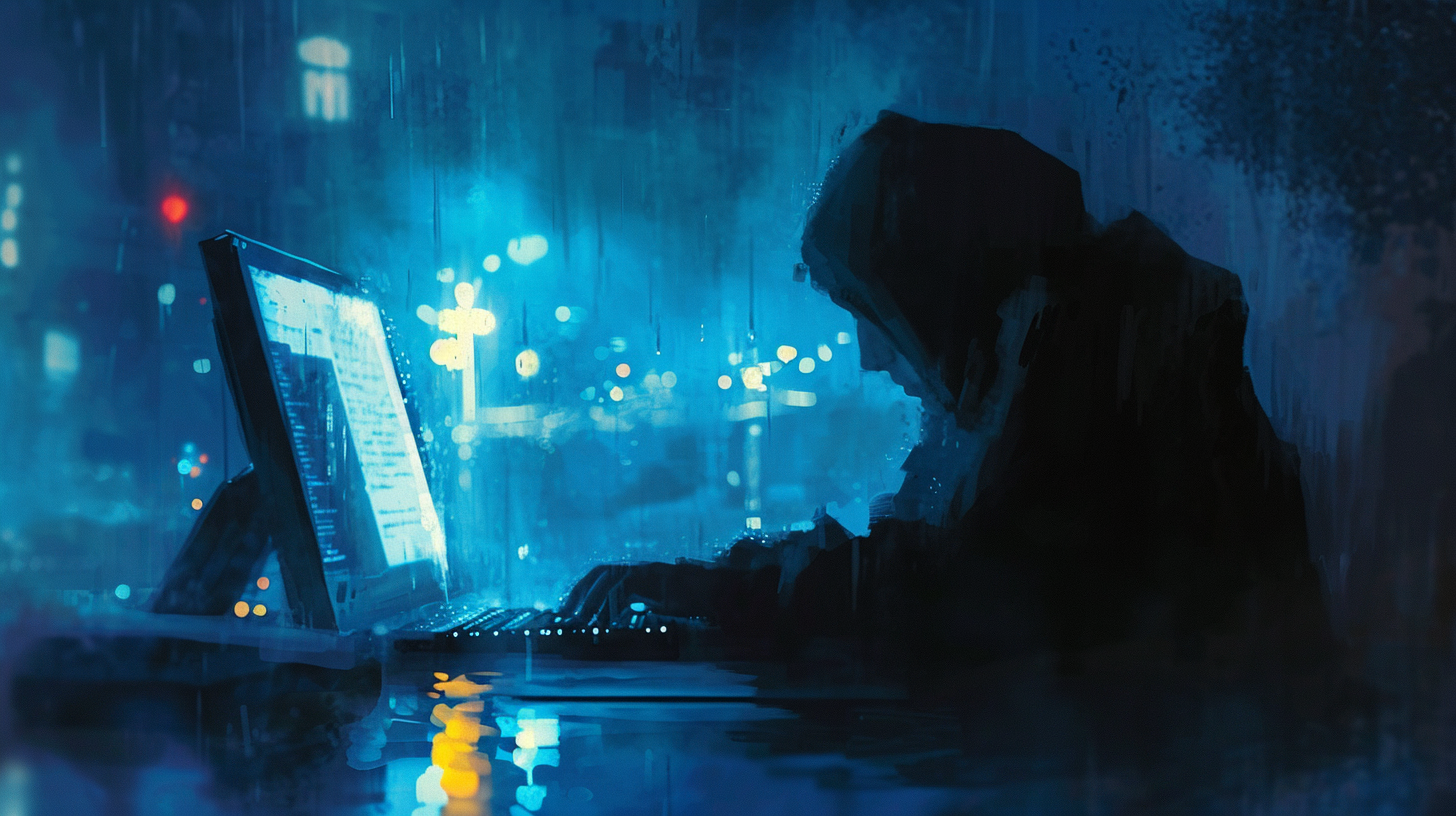 Solitary figure in hoodie, typing on illuminated monitor