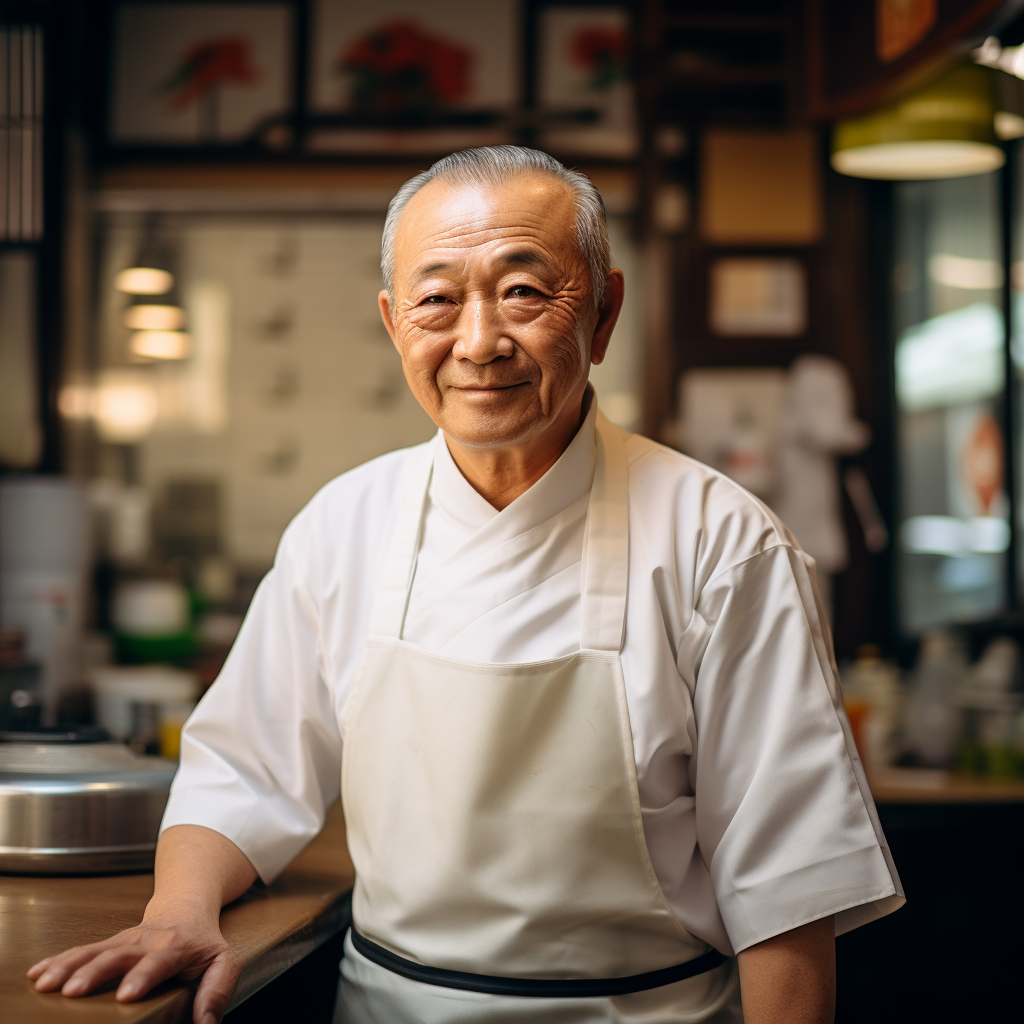 old Japanese sushi chef in restaurant