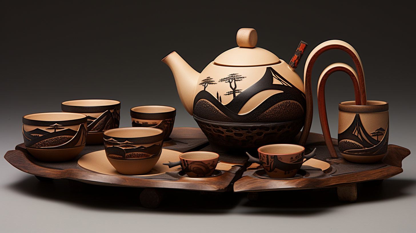 Traditional Japanese tea set on display