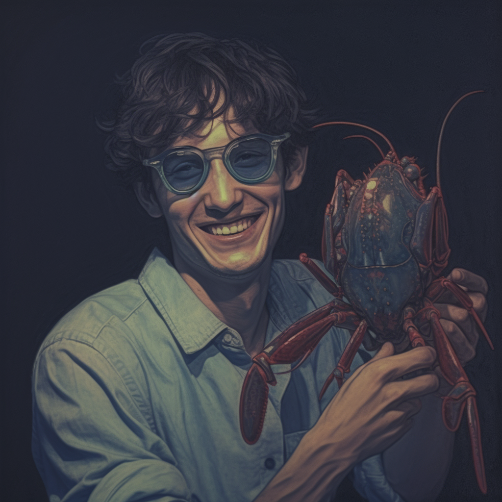 Japanese uncle holding smiling lobster