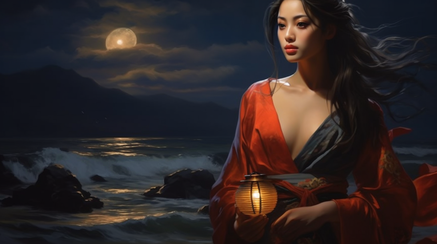 Beautiful Japanese woman staring at ocean with lantern