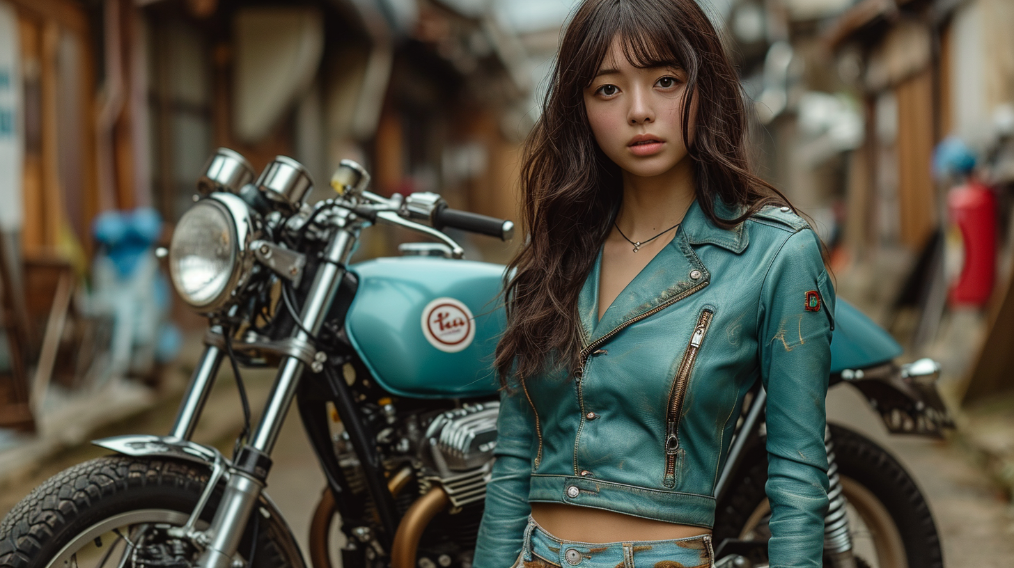 Japanese woman with vintage racing motorcycle