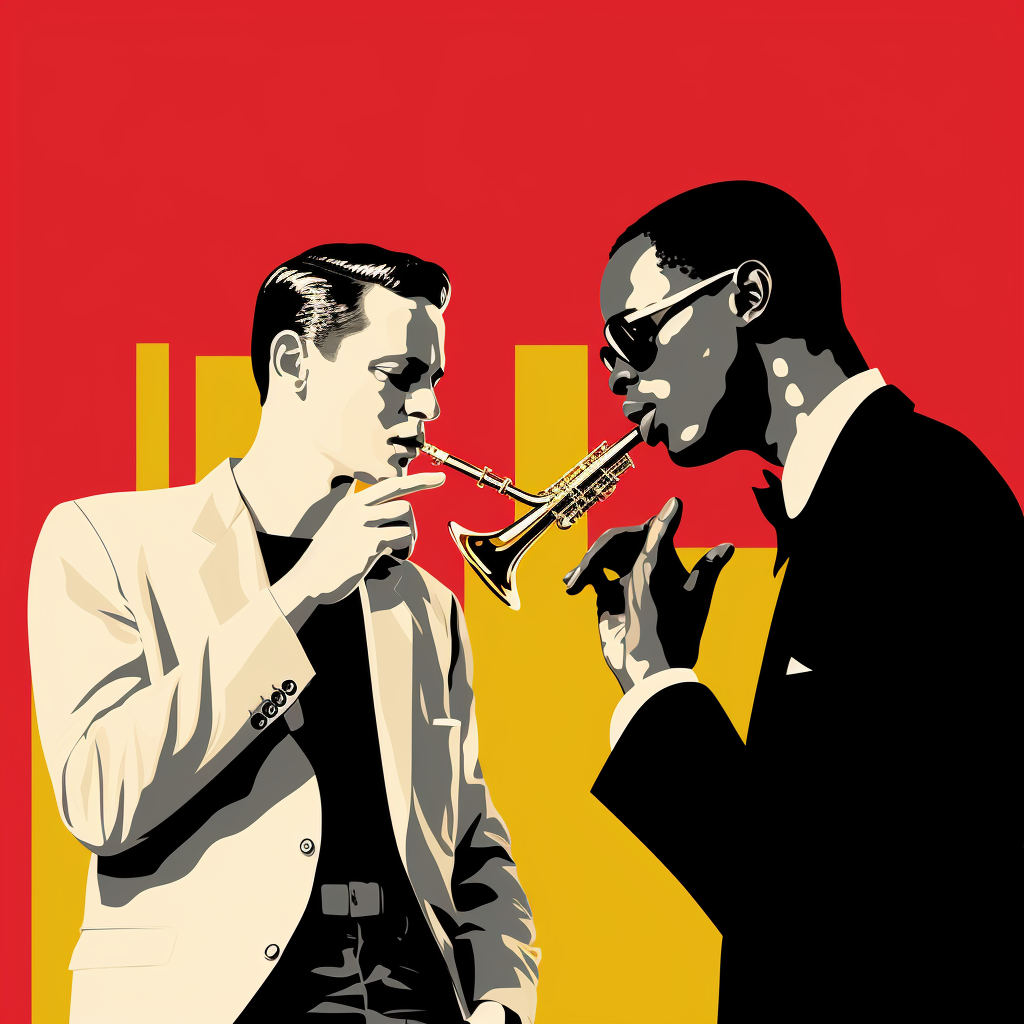 Jazz musicians exchanging cigarette in vintage art