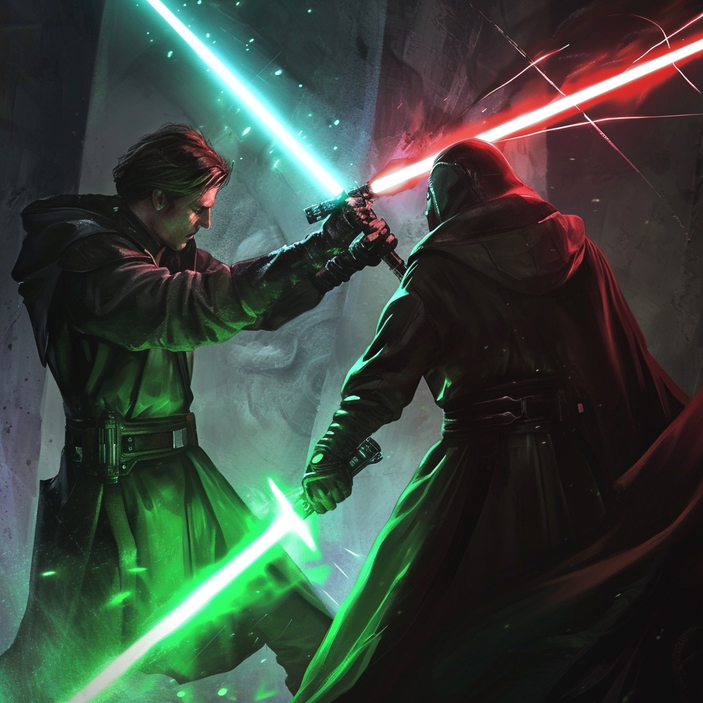 Jedi Pasha and Marat with lightsabers in magic cave