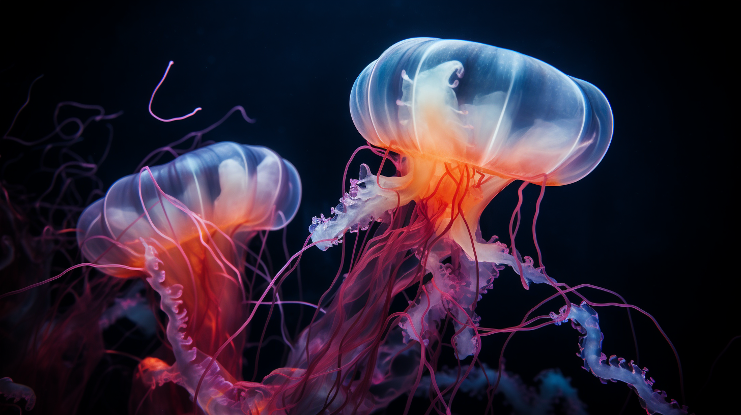 Mesmerizing macro jellyfish tentacles in dark with glowing light