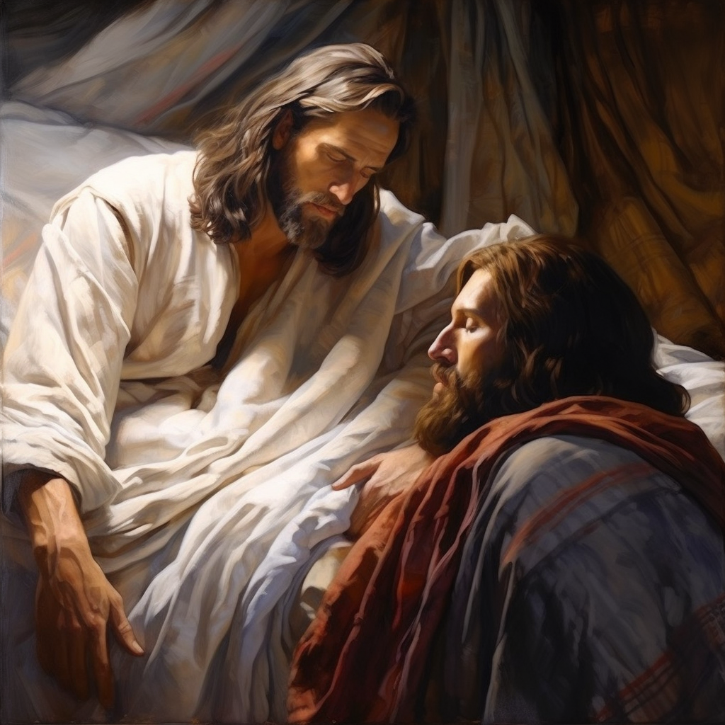 Peaceful scene of Jesus and sleeping man