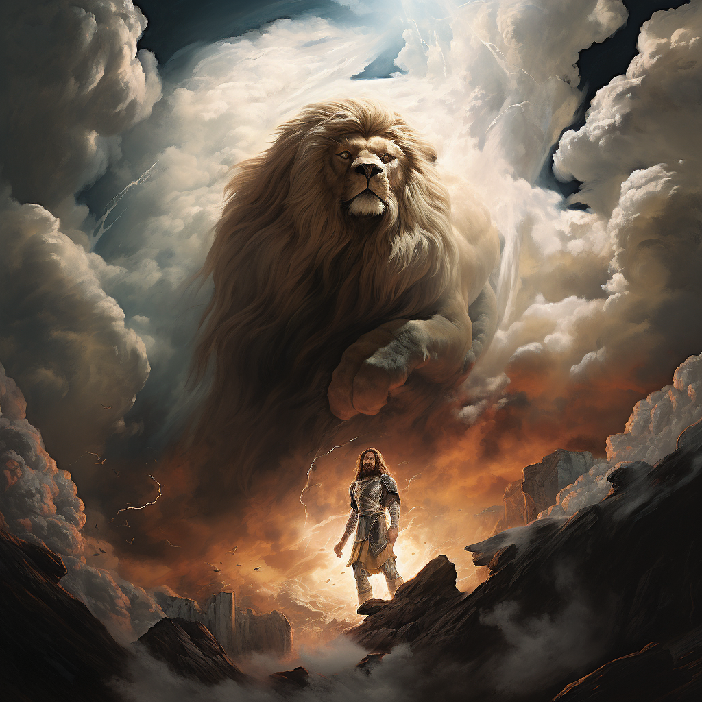 Divine Jesus with majestic lion in fire clouds