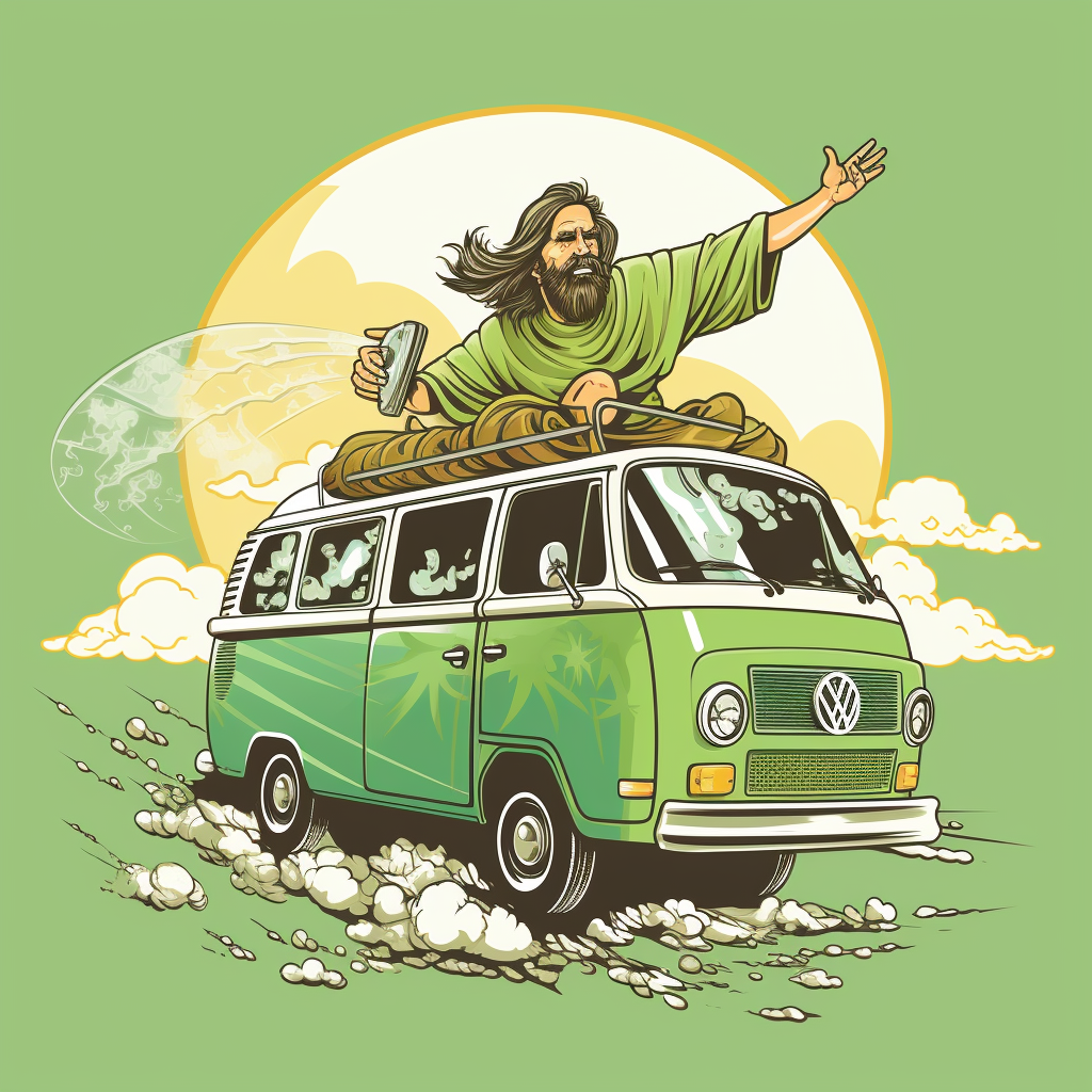 Jesus driving retro van with falling golf clubs