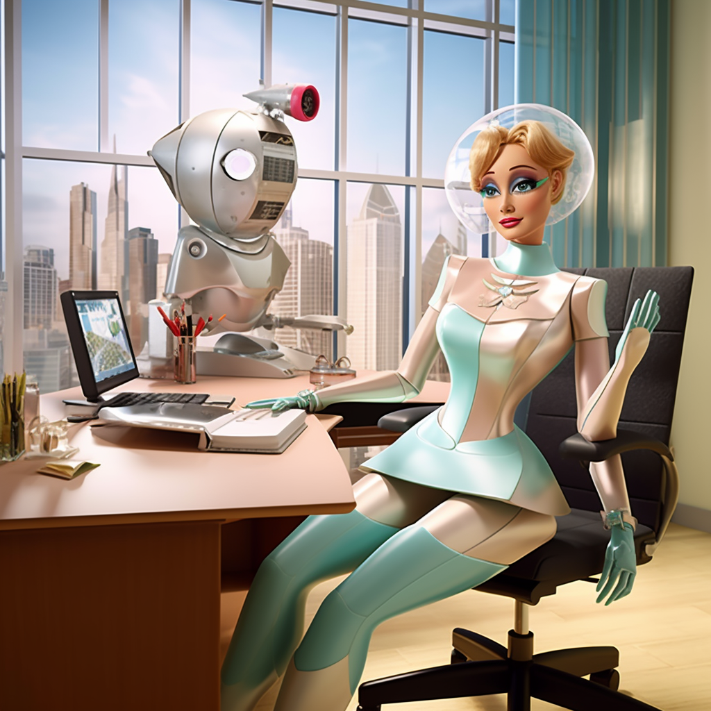 Female Jetsons robot working at mid-century modern executive's office