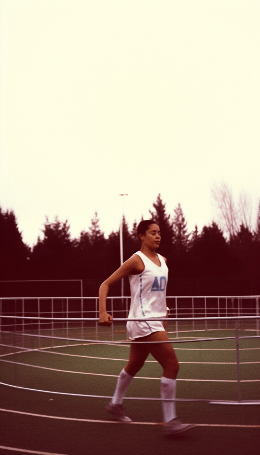 A disheveled woman jogging on a poorly lit track