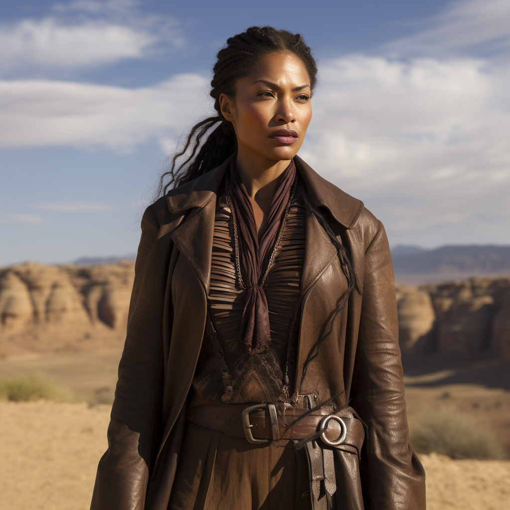 Gina Torres wearing long brown duster coat in futuristic western world