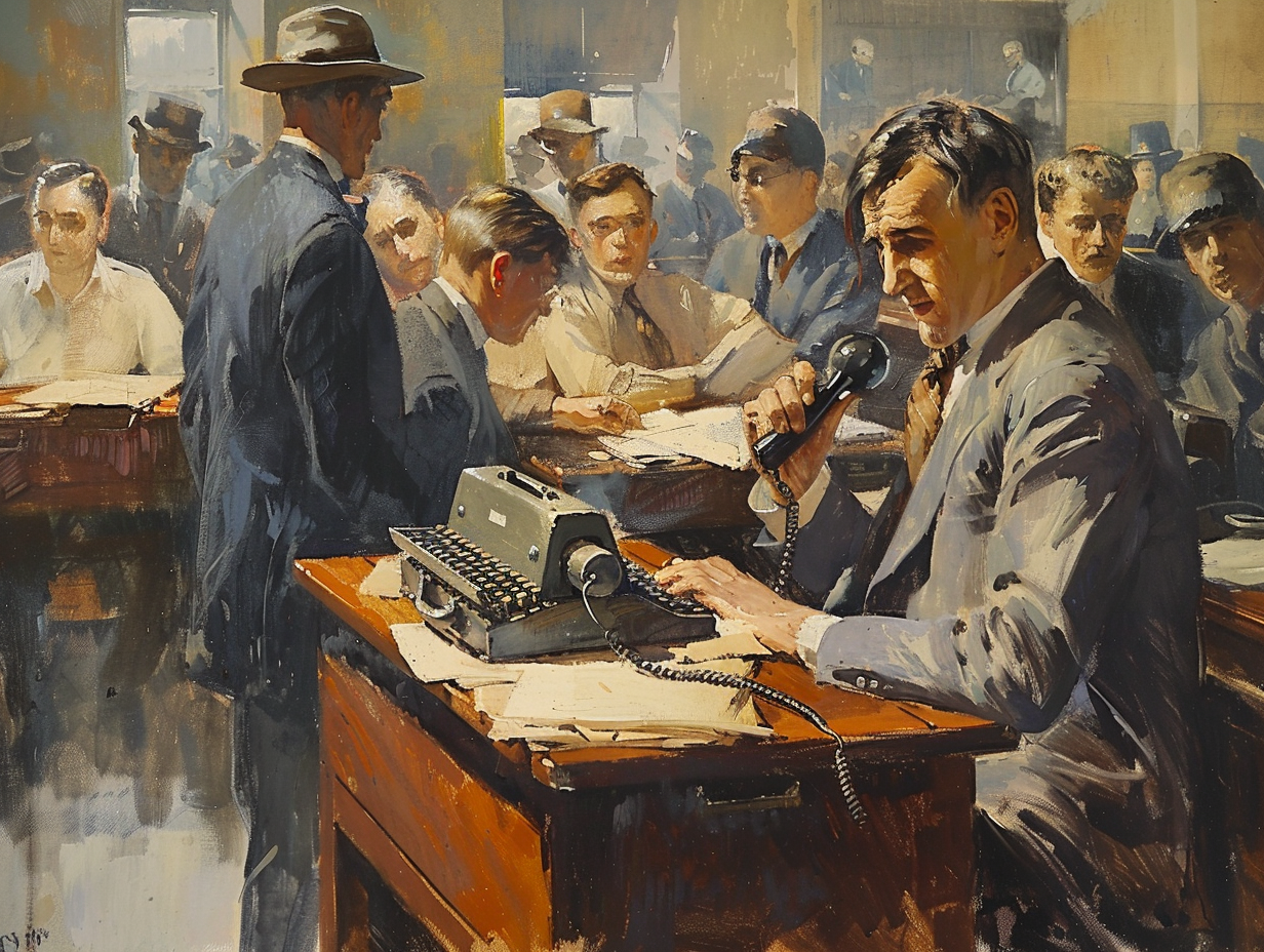 journalist typing busy news room 1920s